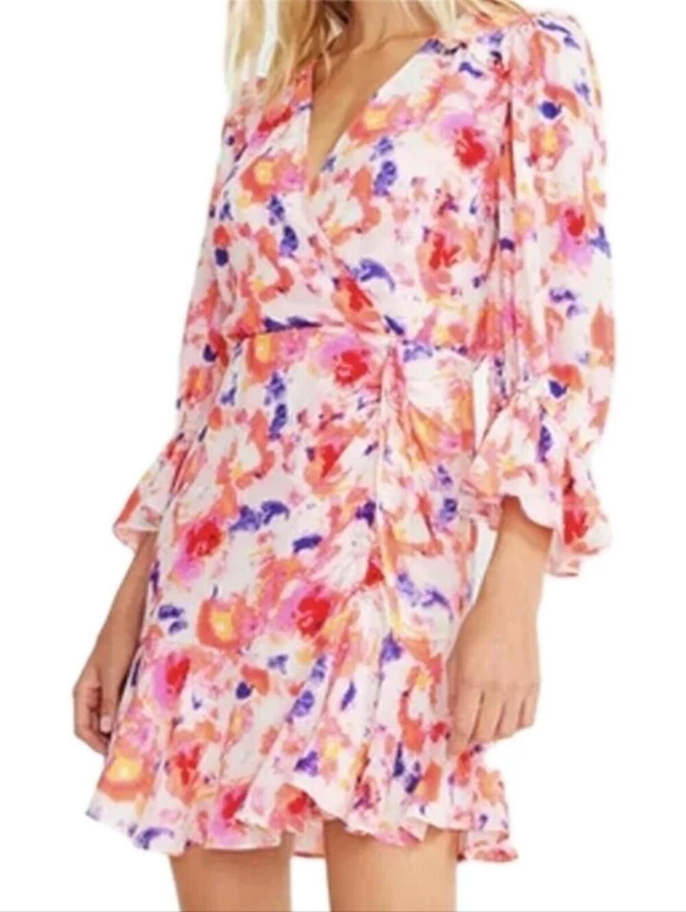 Betsey Johnson Yarrow Sunset Pink Floral Watercolor Tiered Faux Wrap Dress - 4